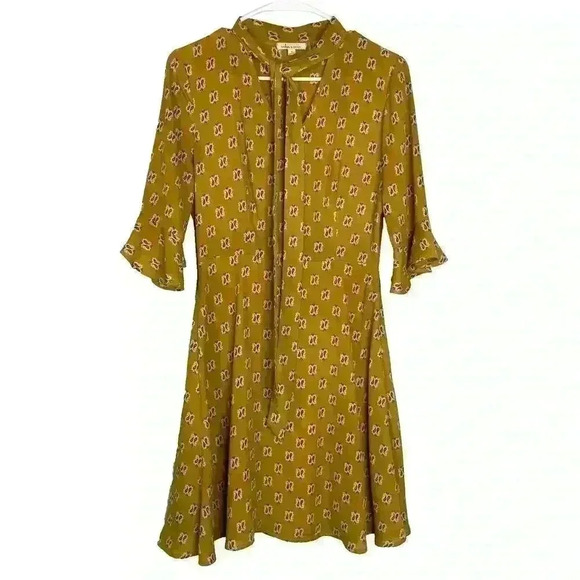 Cedar & Gold Yellow A-line Dress Womens Size S Bell Sleeve Paisley Knee length - Picture 1 of 9